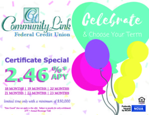 Balloons with confetti background. Ad states Celebrate & Choose your term. Limited Time Only, Certificate Special with a minimum of $50,000.