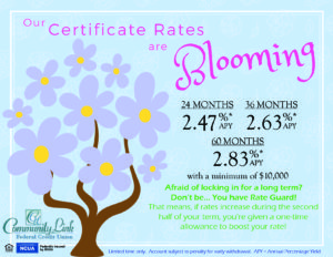 Blue background with illustrated purple flowering tree. Ad states "Our Certificate Rates are Blooming!" with a minimum of $10,000. Rate Guard applies.