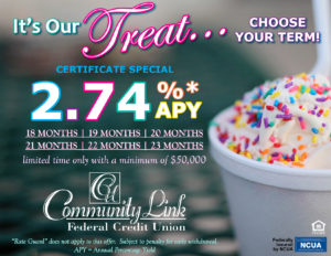 Bowl of ice cream with multi-colored sprinkles. Ad states "It's Our Treat... Choose Your Term!" Limited Time Only, Certificate Special with a minimum of $50,000.