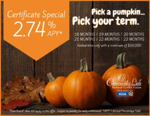 Wooden background with 3 pumpkins and leaves. Ad states "Pick a pumpkin... Pick your term." Limited Time Only, Certificate Special with a minimum of $50,000.