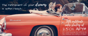 Background photo of older couple driving a convertible. Ad states "The retirement of your dreams is within reach."