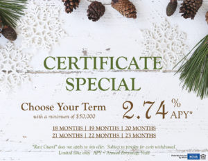 White wooden background with pine cones and snowflakes. Ad states "Certificate Special. Choose Your Term" Limited Time Only, Certificate Special with a minimum of $50,000.