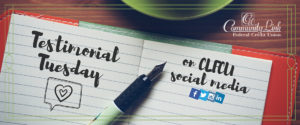 Notebook, pen, and coffee cup on desk. Ad states "Testimonial Tuesday on CLFCU social media"