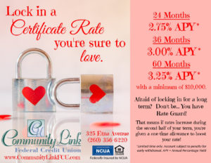 Background has two padlocks with red hearts on them. Ad states "Lock in a Certificate Rate you're sure to love. Minimum of $10,000. Rate Guard applies.