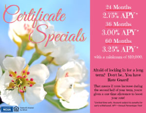 Background has blooming white flowers. Ad states "Certificate Specials. Minimum of $10,000. Rate Guard applies.