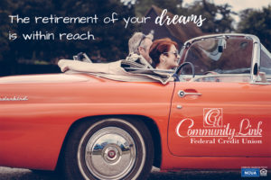 Background photo of older couple driving a convertible. Ad states "The retirement of your dreams is within reach."